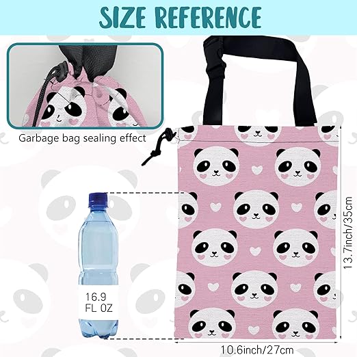 KXWQTRDD Car Garbage Bag Cute Panda and Heart Drawstring Car Trash Bag Hanging for Back Seat with Adjustable Buckle Canvas Vehicle Trash Can Easy-to-Install
