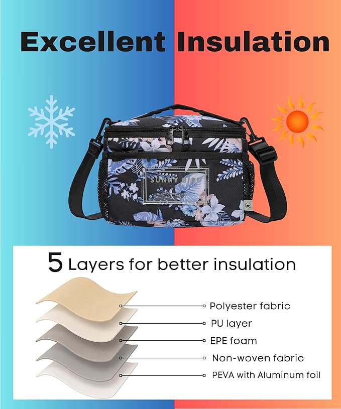SUNNY BIRD Insulated Lunch Bag with Foldable and Leakproof Design, Thermally Insulated, Shoulder Strap for Women, Men and Teen (Hibiscus)
