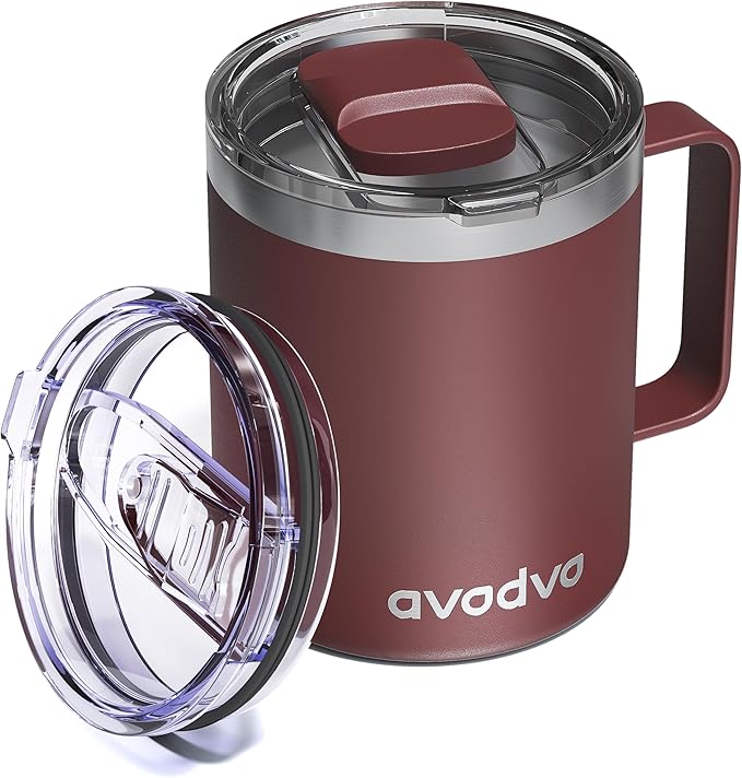 12oz Insulated Coffee Mug with Lid – Includes Two Lids, Stainless Steel Coffee Travel Mug with Handle, Double Wall Vacuum Insulated Camping Mug for Home, Office & Outdoor, Red