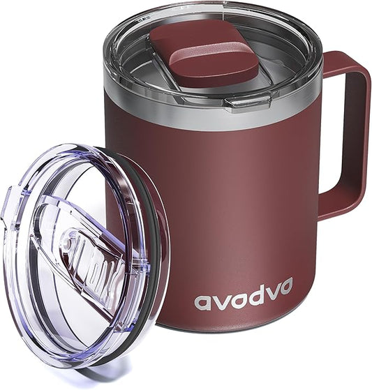 12oz Insulated Coffee Mug with Lid – Includes Two Lids, Stainless Steel Coffee Travel Mug with Handle, Double Wall Vacuum Insulated Camping Mug for Home, Office & Outdoor, Red