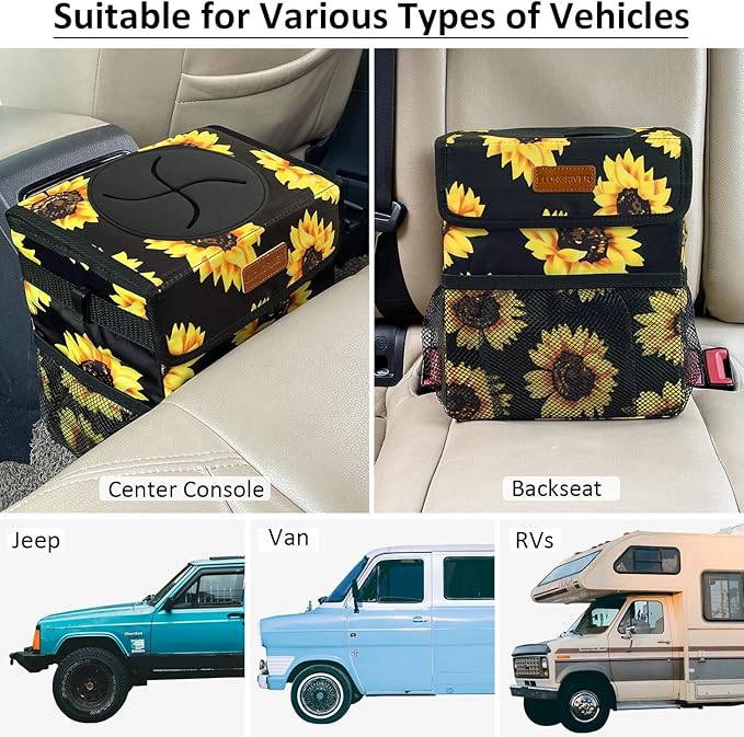 ELONGRIVER Car Trash Can Bin for Back Seat Leak Proof, Cute Car Trash Bag Hanging, Vehicle Trash Can for SUV Truck Van, Automotive Garbage Cans Front Seat Sunflower Floral