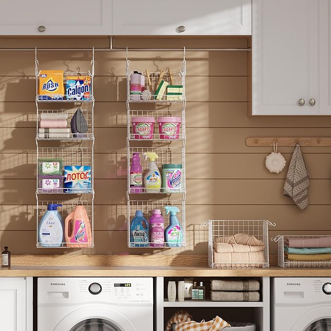 4-Tier Hanging Laundry Room Organizer: Foldable Wire Shelf Basket with 2 Large 1.65" Hooks & 360° Rotating Hooks – Space-Saving Laundry Storage Basket, for Wardrobe Closet Storage, White Patent