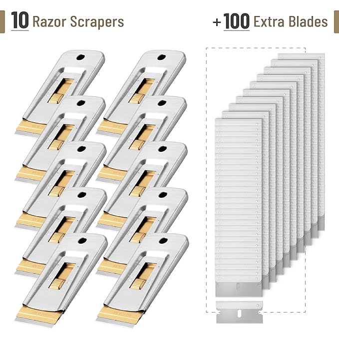 Bates- Metal Razor Blade Scraper Tool, 10 Pack, 100 Extra Blades, Stainless Steel Heavy-Duty Cleaning Razor Scraper Tool