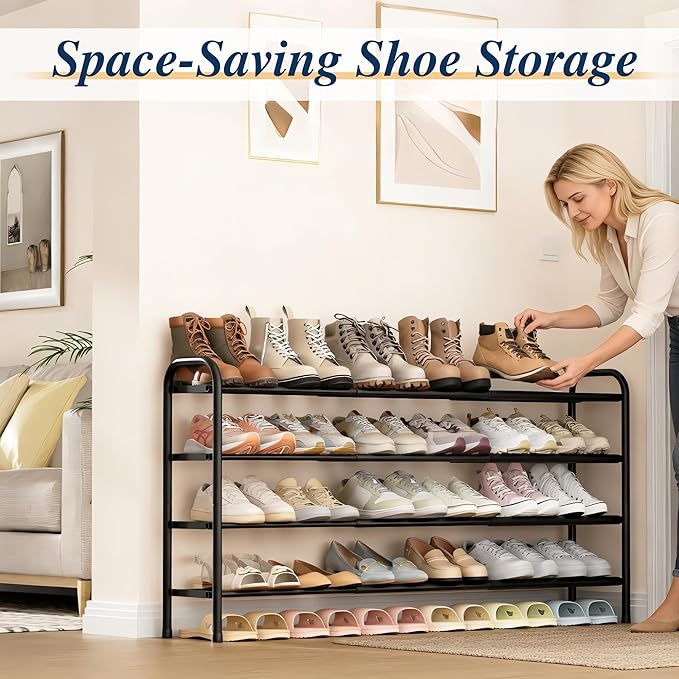 ENJOYBASICS Expandable Shoe Rack, 46.5'' Wide - 24 Pairs Adjustable Shoe Organizer Shelf for Closet, 4-Tier Black Metal Free Standing Shoe Rack Storage for Garage, Entryway