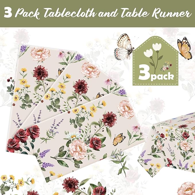 Ganeen 3 Pcs Floral Tablecloth Disposable Plastic Wildflower Table Covers Rectangle Vintage Wildflower Tablecloths for Baby Shower Birthday Wedding Mothers Day Spring Tea Party Decor, 54 x 108 Inch