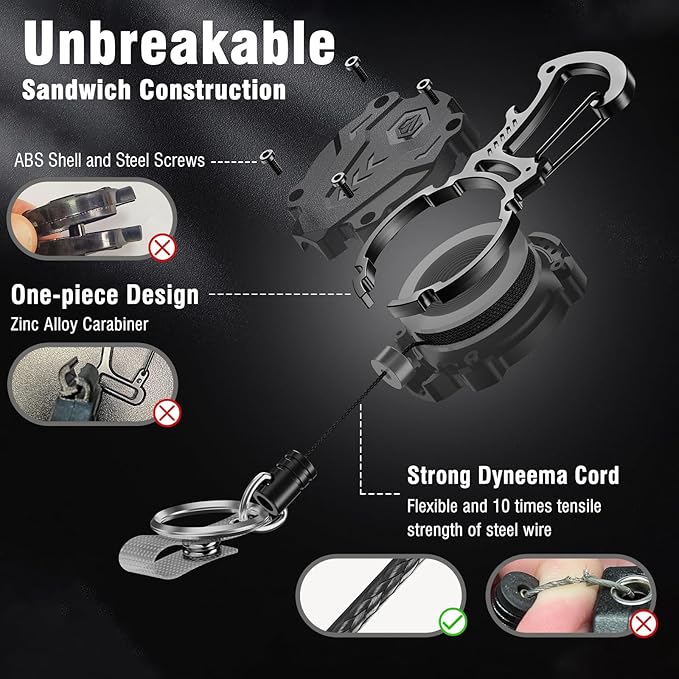 1Pack Heavy Duty Retractable Keychain, Tactical ID Badge Holder Reel Carabiner Clip with Magnetic Closure for Men, Unbreakable Sandwich Construction with 31" Dyneema Cord, Bearing 25oz