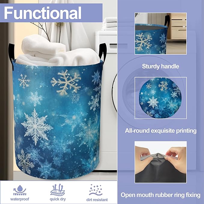 Laundry Basket-Christmas Blue Snowflakes Foldable Waterproof Oxford Cloth Funny Tote Bag Laundry Hamper Clothes Storage Bucket Organizer For Bathroom/Laundry Storage/Bedroom Storage Basket