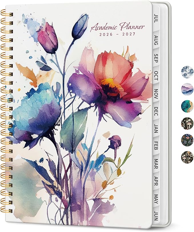 Planner 2026-2027, Academic Monthly and Weekly Calendar Planner for Women, July 2026 - June 2027, Hardcover Pretty Agenda Planner Book with Tabs, Spiral Daily Organizer for School Office Home Supplies, 8.5" x 11" - Painted Bloom