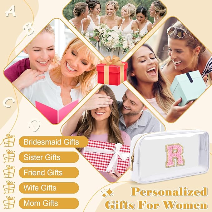 Personalized Initial Letter Clear Makeup Bag, Preppy Small Nylon&PVC Cosmetic Zipper Bag with Chenille Letter, Travel Skincare Toiletry Bag, Monogram Christmas Gift for Teen Girls Women, R