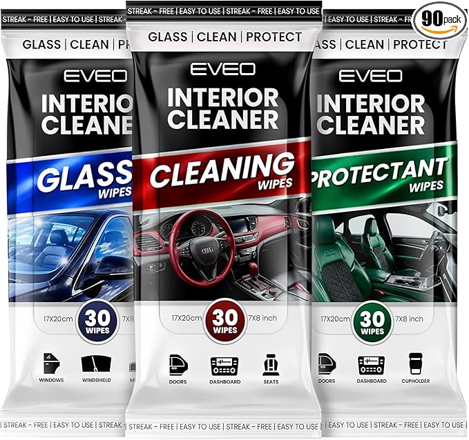 EVEO Car Wipes Interior Cleaning Kit -3-in-1 Car Cleaning Wipes Car Interior Wipes | Interior Car Wipes, Car Cleaning Kit Interior & Exterior - Protectant, Glass and Cleaning All Surfaces (90 Wipes)