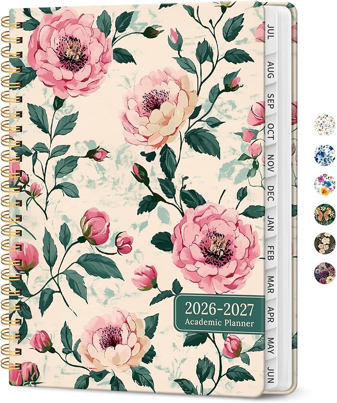 Planner 2026-2027, Academic Year Monthly and Weekly Calendar Planner, Jul 2026 - Jun 2027, Hardcover Teacher Student Planning Agenda book with Tabs, Perfect for School Office Supplies, 6.3" x 8.5" - Blush Peony