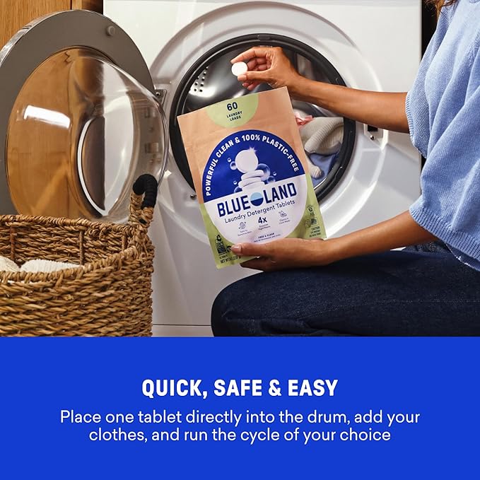 BLUELAND Laundry Detergent Tablets, 120 Count, Plastic-Free Eco-Friendly Pods, Sheets, Liquid Alternative - Fragrance Free and Clear, Natural, Gentle