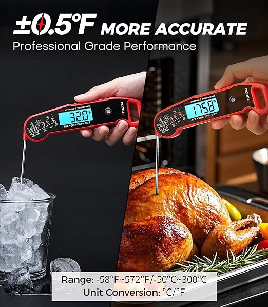 Atogou Professional Meat Thermometer Digital for Cooking Food, <1 Sec Instant Read & ±0.5℉ Accuracy, IP67 Waterproof, Thermocouple Sensor Probe, for Kithchen, BBQ, Grill, Red