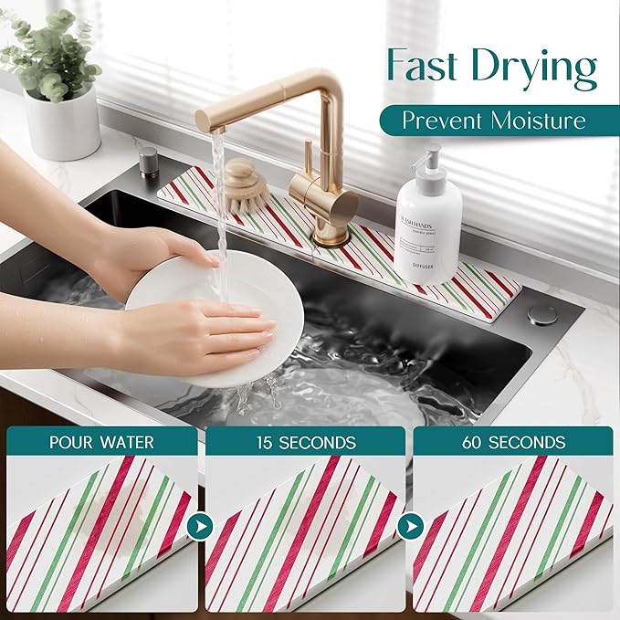 Stone Faucet Mat for Kitchen Sink, Diatomite Drying Stone Mat for Kitchen Counter, Prevent Moisture – Sink Splash Guard Home Decor (Red/Green, 23.6" x 3.9")