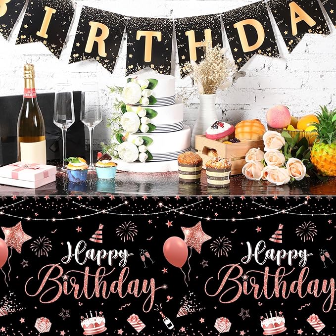 Tudomro 3 Pcs Happy Birthday Tablecloths Happy Birthday Party Decorations Plastic Table Cover Rectangular Cloths for Women Men Baby Shower Party Supplies, 108 x 54 Inch (Black Rose Gold)