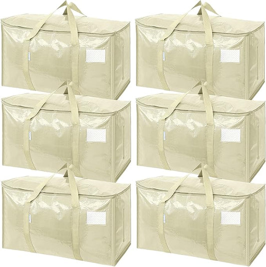 TICONN 6 Pack Extra Large Moving Bags Heavy Duty with Zippers & Carrying Handles, Durable Storage Bags Moving Boxes for Closet Organizers and Storage (6 Pack, Cream)