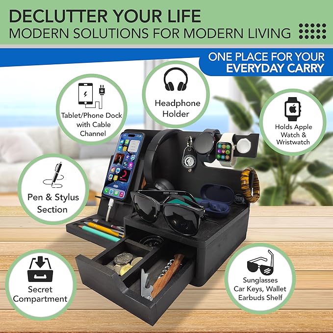 Nightstand Organizer- Bedside Docking Station for Men- Unique Gifts for Husband, Father or Dad from Wife, Son or Daughter- Desk Organizer for Phone, Watches, Wallet & Accessories (Black)