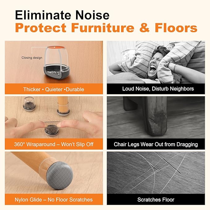 Chair Leg Floor Protectors for Hardwood Floors – Smooth Nylon Base Won’t Trap Cat or Dog Hair, Clear Silicone Caps No Scratch & Silent on Carpet & Tile (32 Pack, Fits 3/4" to 1")