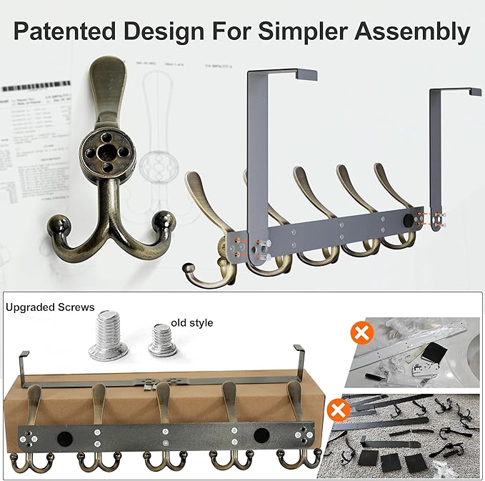 Dseap Over Door Hook 2.0 - Upgraded Version - Simple-Assembly, Strong, Heavy-Duty Stainless Steel 5-Tri-Hook Over The Door Hanger Rack, SimpleStrong Series, Bronze