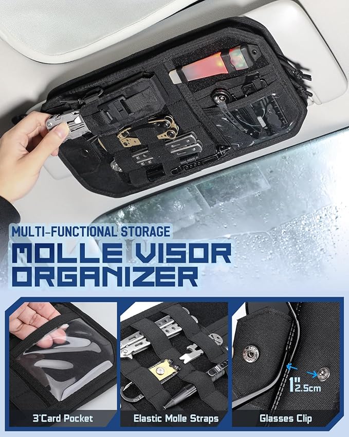 Pitozer Molle Car Sun Visor Organizer with Zipper Storage Pouch & Glasses Clip, Auto Semi-Rigid MOLLE Panel for Police Gear & Overlanding Accessories, Fit Most Cars, SUVs, Vans & Trucks