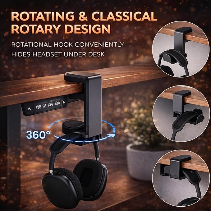 EURPMASK Rotating Headphone Stand - PC Gaming Headset Holder, Adjustable Clamp-on Under Desk Hanger With 360 Degree Swivel & Cable Clip Organizer - Black