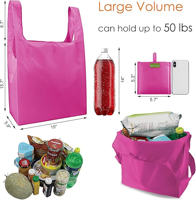BeeGreen Pink Reusable Grocery Bags Wholesale Reusable Kitchen Bags Bulk Foldable - Machine Washable with Zipper Storage Pouch, 50 Packs