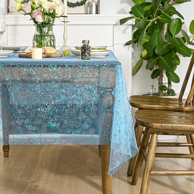 Horaldaily Light Blue Gold Gauze Tablecloth 52x70 Inch Rectangular, Light Blue Sequin Glitter Metallic Foil, Sheer Tulle Cheesecloth for Wedding Baby Shower Ceremony Birthday