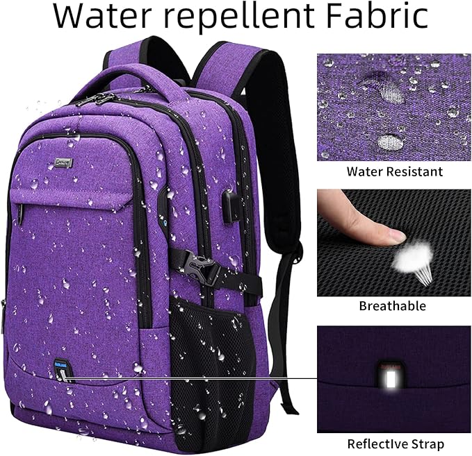DUSLANG 17 Inch Laptop Backpack for Travel, Water Resistant College Backpack for Women, Laptop Bag with USB Charging Port, Work Backpack, Purple