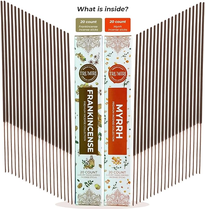 Trumiri Incense Sticks - Combo Pack of 40 Insence-Sticks - 20 Frankincense and 20 Myrrh - Insense - Insents - Incents - Inscense - Incence - Incienso - All Natural Non Toxic Incense Sticks
