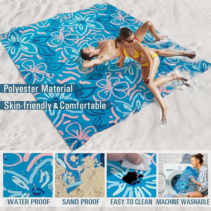 Famstar Beach Blanket Sandproof Waterproof 78''×81''1-5 Adults Oversized,Compact Lightweight Durable Beach Mat for Travel Camping Hiking Picnic Blanket
