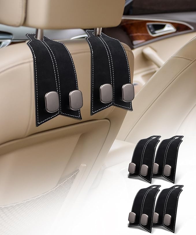 MOBIKEY Headrest Hooks for Car, 4 Pack Purse Hook for Car 100% Metal & Premium Leather 2025 Latest, Auto Organization Accessories for Bags, Purses, Phones etc (Black)