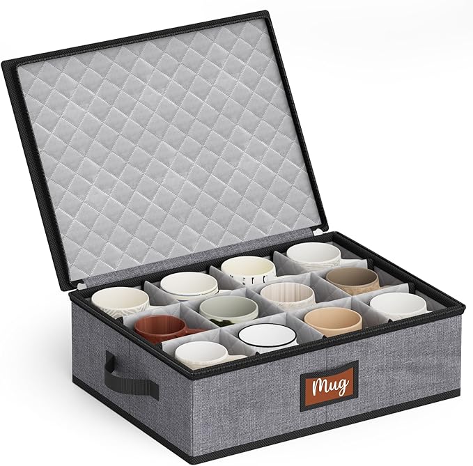 MISSLO Large Capacity China Storage Containers Hard Shell Plate Storage Containers, Kitchen Packing Moving Boxes for Dishes, Dinnerwares, Mugs Protectors, Grey, Mug Storage