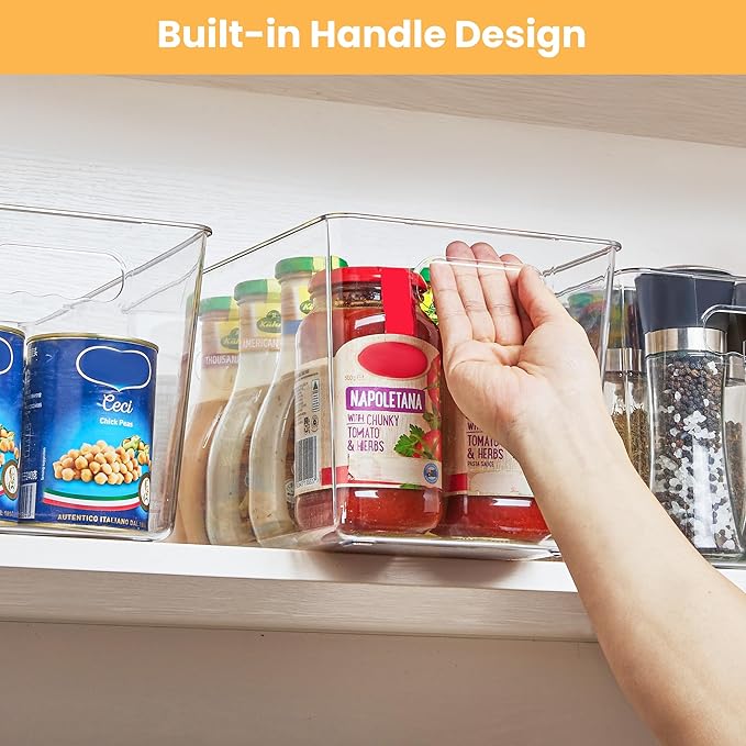 YIHONG Clear Plastic Storage Bins, 4 Pack Pantry Organizer Bins with Handle for Kitchen, Freezer,Cabinet,Closet Organization and Storage(XL)