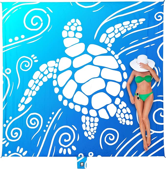 WEKAPO Beach Blanket Waterproof Sandproof Oversized Extra Large Sand Free Beach Mat with Stakes, Storage Bag - Essentials for Outdoor Beach, Picnic (Gradient Blue Sea Turtle, 11 X 9 FT (1~10 Person))