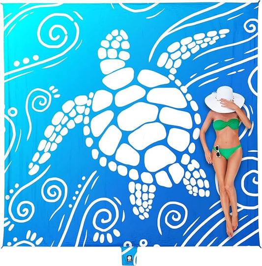 WEKAPO Beach Blanket Waterproof Sandproof Oversized Extra Large Sand Free Beach Mat with Stakes, Storage Bag - Essentials for Outdoor Beach, Picnic (Gradient Blue Sea Turtle, 8 X 7 FT (1~4 Person))