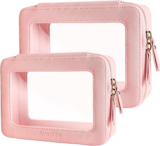 Aveniee Clear Makeup Bag Organizer Set, Portable Travel Toiletry Case for Women, Vegan Leather Cosmetic Pouch Car Bag for Essentials 2pcs, Middle & Large, Pink