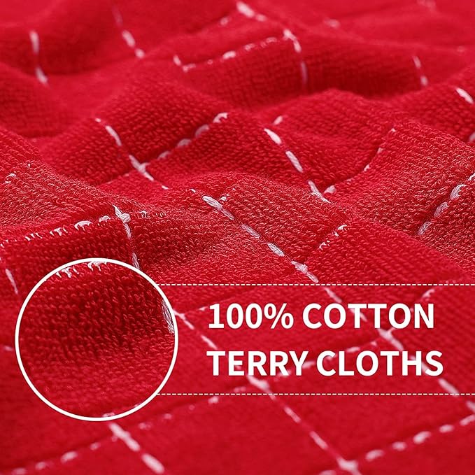 Homaxy 100% Cotton Terry Kitchen Towels(Red, 13 x 28 inches), Checkered Designed, Soft and Super Absorbent Dish Towels, 6 Pack