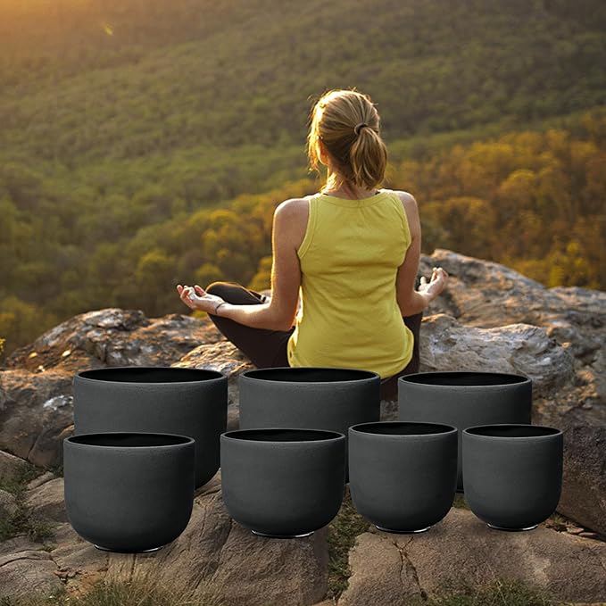 Ryan Dvan 7-12 Inch Black 7 Crystal Singing Bowl Set Frosted Quartz Crystal Sound Therapy Kit with Mallets 2 Cases O-Ring for Yoga Meditation Energy Balancing Reiki Healing