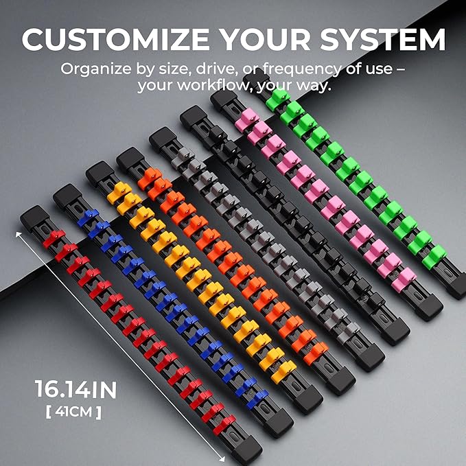 9-Piece Socket Organizer Set - 1/4-Inch x 48 Clips, 3/8-Inch x 45 Clips, 1/2-Inch x 36 Clips, Heavy Duty ABS Socket Holder, Premium Quality Socket Clip Rail Holder for Tool Box Drawer