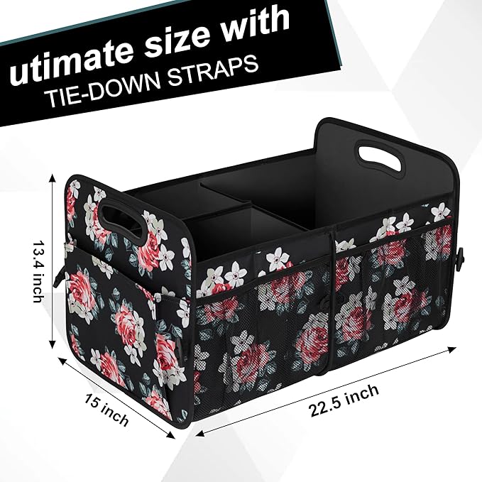 Femuar Car Trunk Organizer, Car Storage Organizer with 72L Large Capacity, Waterproof, Collapsible, and 11 Pockets, Trunk Organizer for Car SUV/Jeep/Sedan, Large Size, Flower