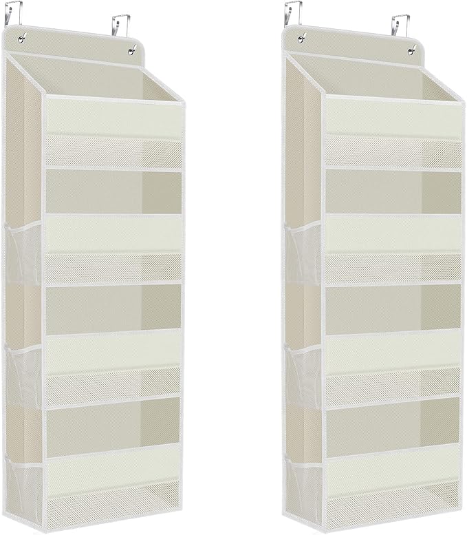 2 Pack Over The Door Organizer, Hanging Storage Organizer with Clear Window, 40lb Ultra Sturdy Large Capacity Room Organizer for Pantry Laundry Bathroom Nursery Closet (Beige)