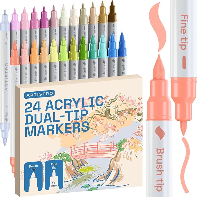 ARTISTRO 24 Pastel Acrylic Paint Markers - Paint Pens for Drawing, Brush + Fine Tips - For Fabric, Rock, Glass, Wood, DIY - Art & Craft Supplies for Adults, Teens, Kids - Teacher Appreciation Gift