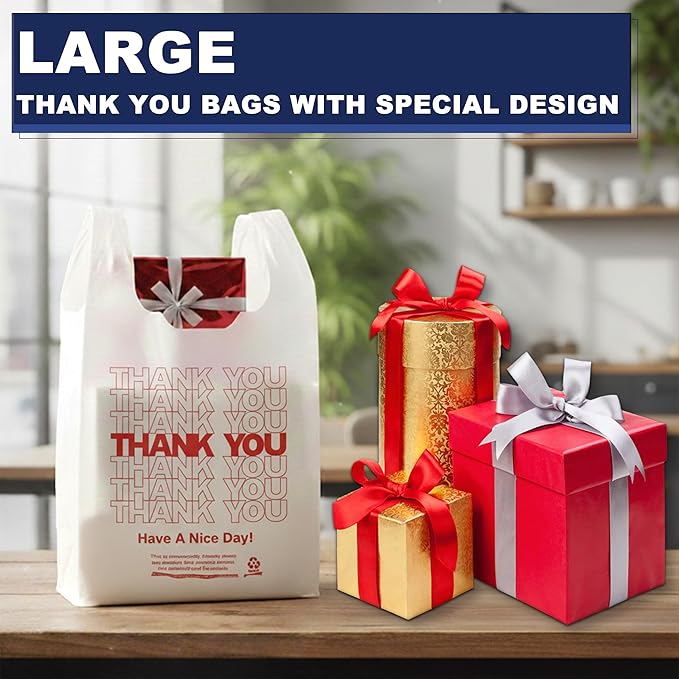 YoYoRain White Thank you T shirt bag, Grocery shopping bag Reusable and Disposable Supermarket Bag 11''x6''x21'' 100PCS