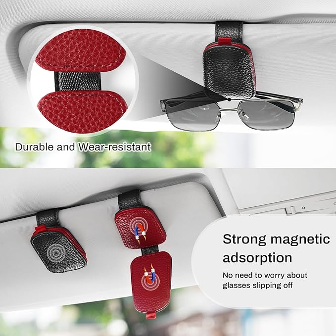 SINGARO Sunglasses Holder for Car, Leather Magnetic Buckle Sun Visor Sunglass Clip, Ticket Card Storage Glasses Clip, Car Interior Accessories for Men and Women（2PCS Black-red）