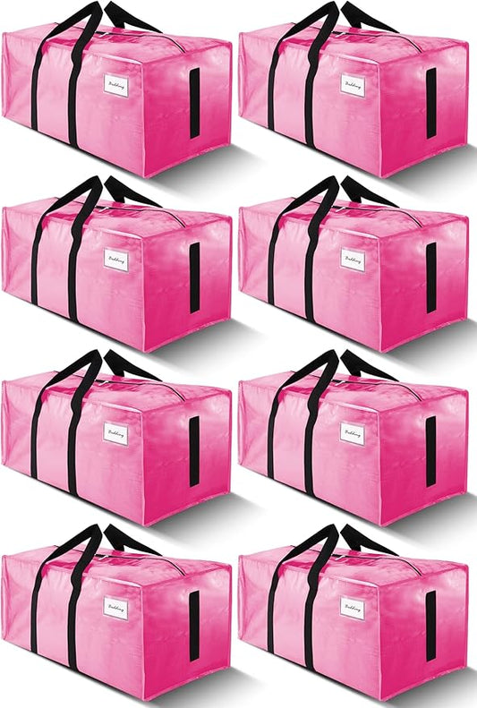 8 Pack Large Strong Moving Bags with Zippers & Carrying Handles - Water-Resistant - Heavy Duty Storage Tote for Space Saving, Fold Flat, Alternative to Moving Box (Pink)