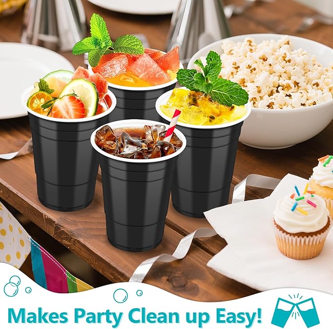 LANLISA 100 Black Plastic Cups, 16 oz Disposable Cups, Drinking Cups For Party Supplies