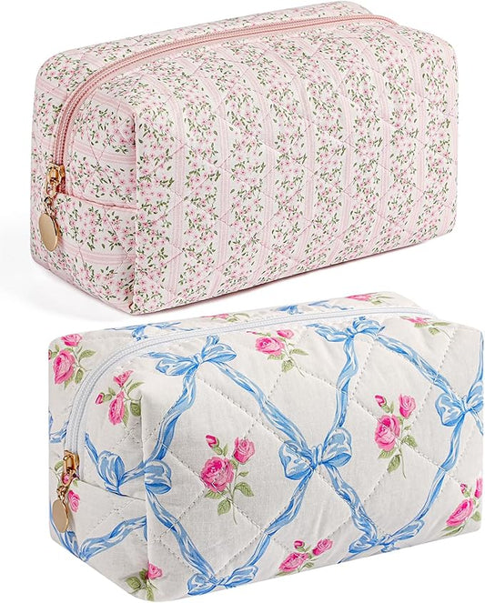 HHQQWZ Makeup Bag Travel Cosmetic Bag for Women Girls, Zipper Make Up Pouch, Floral Flowers Toiletry Organizer Makeup, Portable Storage Bag, Cosmetic Travel Cloth Bag (Pink+Blue Bowknot)