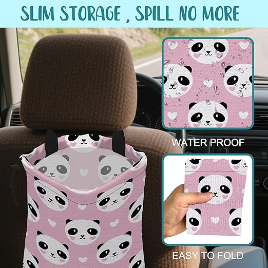 KXWQTRDD Car Garbage Bag Cute Panda and Heart Drawstring Car Trash Bag Hanging for Back Seat with Adjustable Buckle Canvas Vehicle Trash Can Easy-to-Install