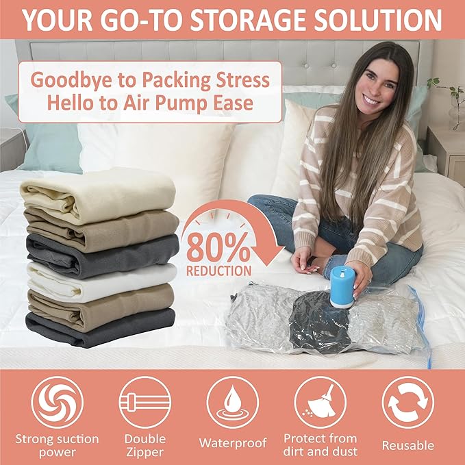 16 Pack Travel Vacuum Storage Bags with Rechargeable Wireless Electric Pump for Luggage, Suitcase, Carry-on Size Vacuum Seal Compression Space Saver Bags for Clothes and Clothing Travel