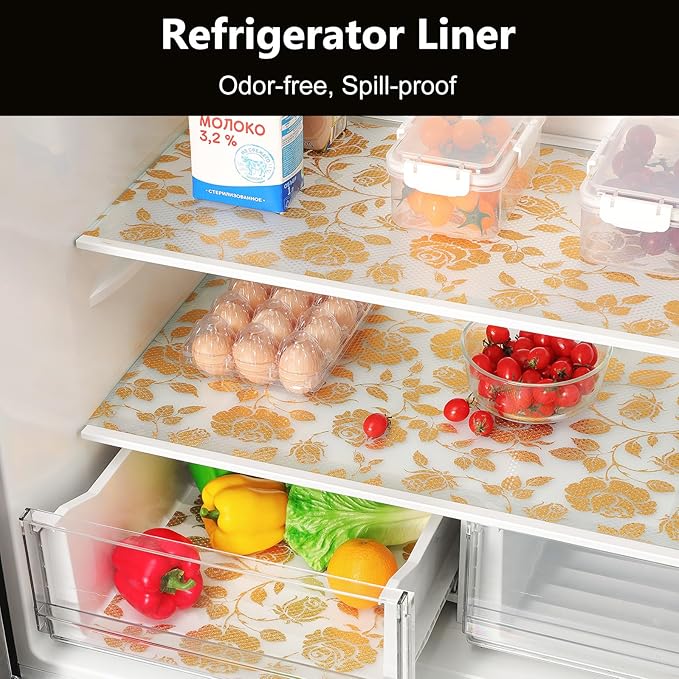 INNOLITES Shelf Liner for Cabinets, Non-Adhesive for Kitchen Drawer Liner, Waterproof Shelf Paper with Floral Pattern, Durable Easy to Clean (Golden Rose, 17.5" x 197")